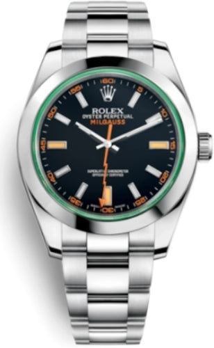 Rolex Milgauss Green Crystal Stainless Steel Black Dial Watch - 116400GV - 2021
