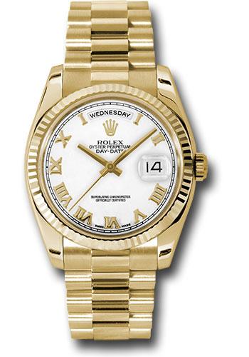 Rolex Yellow Gold Day-Date 36 Watch - Fluted Bezel - White Roman Dial - President Bracelet - 118238 wrp