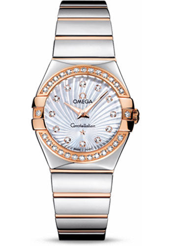 Omega Ladies Constellation Polished Quartz Watch - 27 mm Polished Steel And Red Gold Case - Diamond Bezel - Mother-Of-Pearl Diamond Dial - Steel And Red Gold Bracelet - 123.25.27.60.55.006