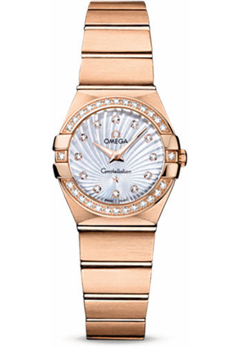 Omega Ladies Constellation Quartz Watch - 24 mm Brushed Red Gold Case - Diamond Bezel - Mother-Of-Pearl Diamond Dial - 123.55.24.60.55.001