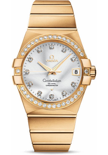 Omega Gents Constellation Chronometer Watch - 38 mm Brushed Yellow Gold Case - Diamond Bezel - Silver Diamond Dial - 123.55.38.21.52.002