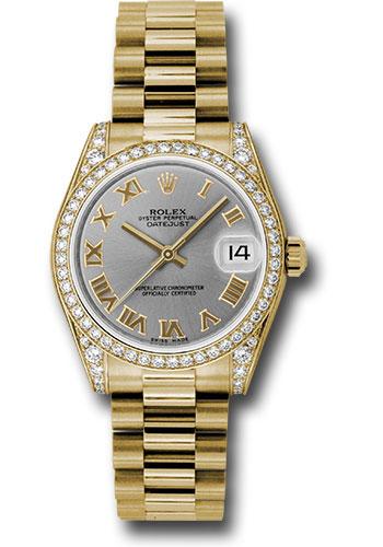 Rolex Yellow Gold Datejust 31 Watch - 48 Diamond Bezel - Gray Roman Dial - President Bracelet - 178158 grp