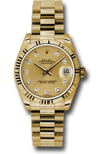 Rolex Yellow Gold Datejust 31 Watch - Fluted Bezel - Champagne Diamond Dial - President Bracelet - 178278 chdp