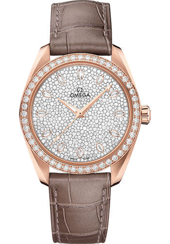 Omega Seamaster Aqua Terra 150M Co-Axial Master Chronometer Ladies Watch - 38 mm Sedna Gold Case - Diamond-Set Bezel - Radiant Diamond Dial - Taupe-Brown Leather Strap - 220.58.38.20.99.003