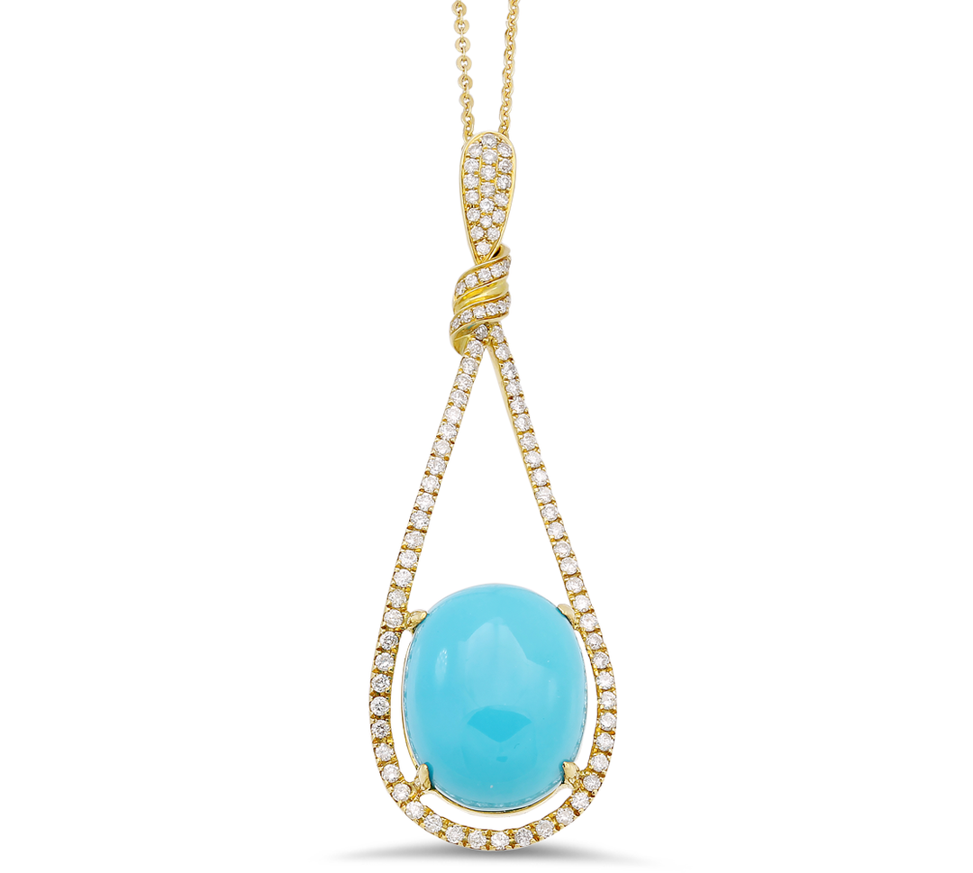 Exquisite 18K Gold Pendant Featuring A Vibrant 10.90 Carat Turquoise And Sparkling 0.62 Carat Diamonds. Instantly Elevate Your