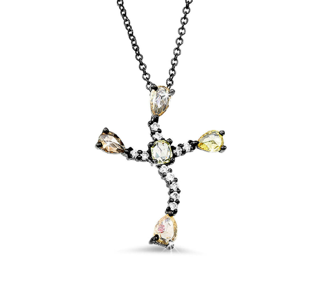 18K White Gold Black Ceramic Rhodiumed Diamond Cross Pendant