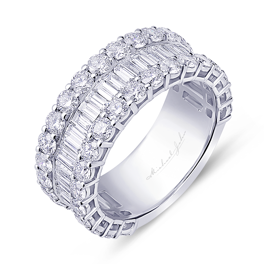 Round And Baguette Diamond Multi-Row Eternity Band In 18K Gold