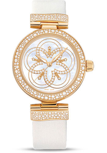 Omega Ladies De Ville Ladymatic Watch - 34 mm Yellow Gold Case - Snow-Set Diamond Paved Bezel - Mother-Of-Pearl Marquetry Diamond Dial - White Leather Strap - 425.67.34.20.55.005