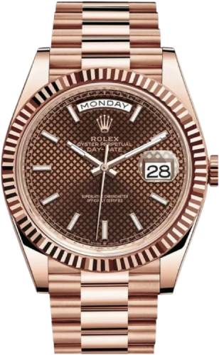 Rolex Everose Gold Day-Date 40 Watch - Fluted Bezel - Chocolate Diagonal Motif Index Dial - President Bracelet - 228235 - 2021