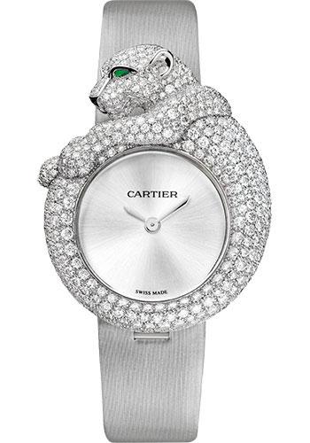 Cartier Feline de Cartier Watch - 43 mm White Gold Diamond Case - Light Gray Fabric Strap - HPI00341