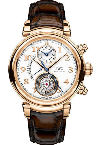 IWC Da Vinci Tourbillon Retrograde Chronograph Watch - 44.0 mm 5N Gold Case - Silver Dial - Dark Brown Alligator Strap - IW393101