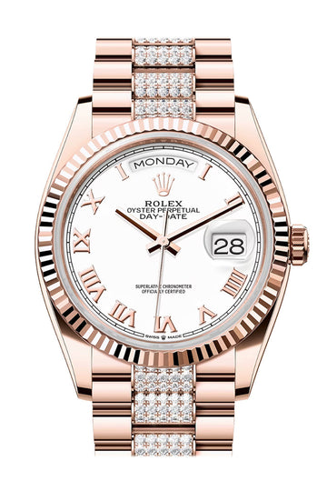 Rolex Day-Date 36 White Dial Fluted Bezel 18K Everose gold Diamond President Watch 128235