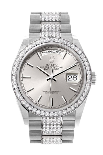 Rolex Day-Date 36 Silver Dial Diamond Bezel White Gold Diamond President Watch 128349RBR