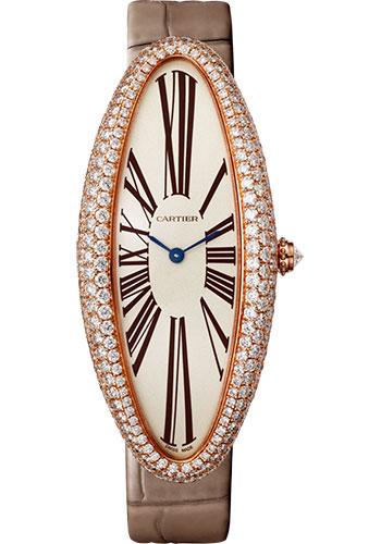 Cartier Baignoire Allongee Watch - 52 mm Pink Gold Diamond Case - Taupe Strap - WJBA0008