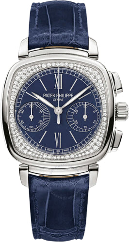 Patek Philippe Complications Ladies Chronograph 35 x 39mm Blue Opaline Roman White Gold Diamond Set Leather Manual | 7071G-011