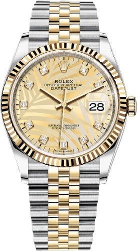 Datejust 36 Champagne Palm Motif Diamond Dial Two Tone Yellow Gold Fluted Jubilee - 126233 - 2022