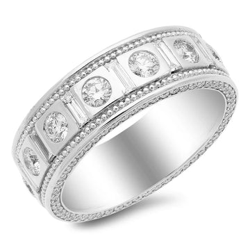 Baguette And Round Cut Men’S Diamond Band In 18K Gold