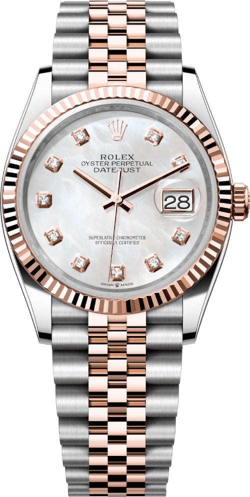 Rolex Steel and Everose Rolesor Datejust 36 Watch - Fluted Bezel - White Mother-Of-Pearl Diamond Dial - Jubilee Bracelet | 126231 | 2025