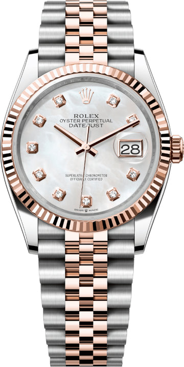 Rolex Steel and Everose Rolesor Datejust 36 Watch - Fluted Bezel - White Mother-Of-Pearl Diamond Dial - Jubilee Bracelet | 126231 | 2025