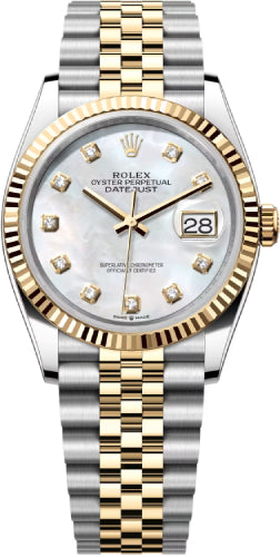 Rolex Datejust 36 Yellow Gold/Steel White Mother of Pearl Diamond Dial & Fluted Bezel Jubilee Bracelet Watch - 126233 - 2025