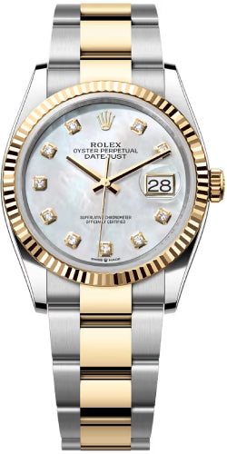 Rolex Datejust 36 Yellow Gold/Steel White Mother of Pearl Diamond Dial & Fluted Bezel Oyster Bracelet - 126233 - 2026
