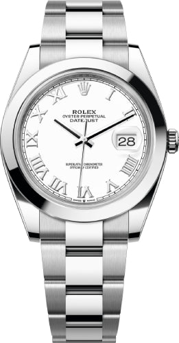 Rolex Datejust 41 Stainless Steel White Roman Dial Smooth Bezel Oyster Bracelet 126300 - 2023