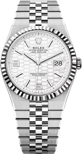 Rolex Land-Dweller 40 White Gold Oystersteel Intense White Honeycomb Motif Dial Fluted Bezel Flat Jubilee Bracelet 127334 - 2026