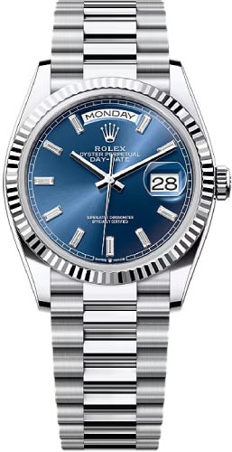 Rolex Day-Date 36 36mm Bright Blue Diamond-Set Dial Fluted Bezel President Bracelet - 128236