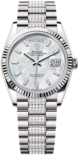 Rolex Day-Date 36 36mm White MOP Diamond-Set Dial Fluted Bezel with Diamond-Set President Bracelet - 128239