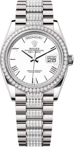 Rolex Day-Date 36 36mm White Roman Dial Diamond-Set Bezel with Diamond-Set President Bracelet - 128349RBR