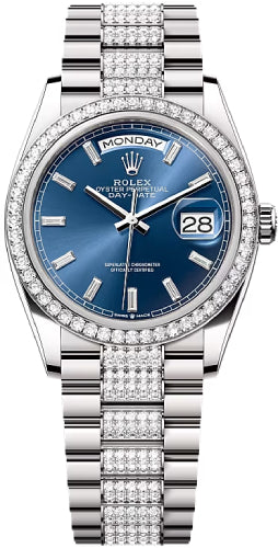 Rolex Day-Date 36 36mm Bright Blue Diamond-Set Dial Diamond-Set Bezel with Diamond-Set President Bracelet - 128349RBR