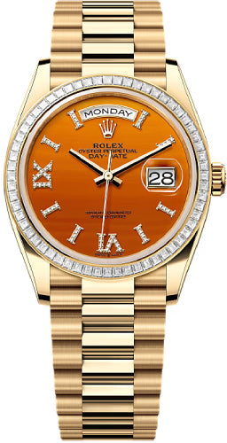 Rolex Day-Date 36 36mm Carnelian Diamond Dial Diamond-Set Bezel President Bracelet - 128398TBR