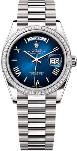 Rolex Day-Date 36 36mm Blue Ombré Roman Dial Diamond-Set Bezel President Bracelet - 128399TBR