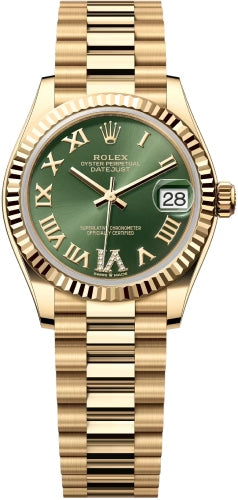Rolex Lady-Datejust 31 Yellow Gold Olive Green Roman Diamond VI Dial & Fluted Bezel President Bracelet - 278278 - 2026