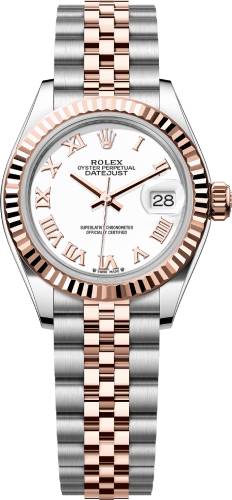 Rolex Steel and Everose Gold Rolesor Lady-Datejust 28 Watch Fluted Bezel White Roman Dial Jubilee Bracelet - 279171 - 2025