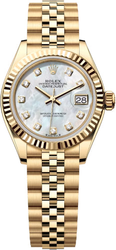Rolex Yellow Gold Lady-Datejust 28 Watch - Fluted Bezel - Mother-of-Pearl Diamond Dial - President Bracelet - 279178 - 2025