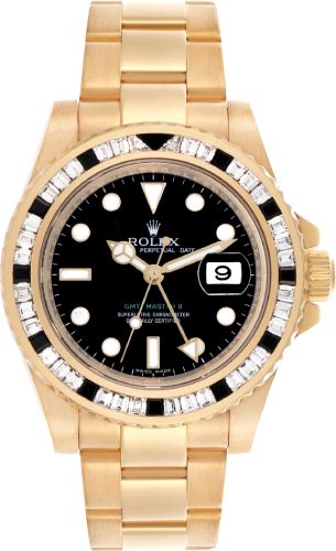 Rolex GMT-Master II Yellow Gold Black Dial Sapphire/Diamond Bezel - 116748